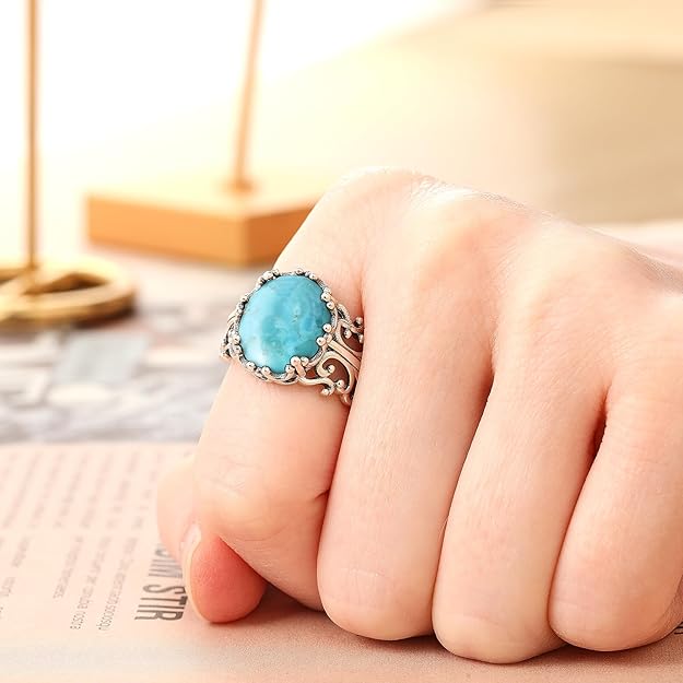 Turquoise Rings for Women 925 Sterling Silver Statement Ring with Oval Cut 12 * 14mm Turquoise Womens Adjustable Vintage Filigree Rings fit Size 6-9