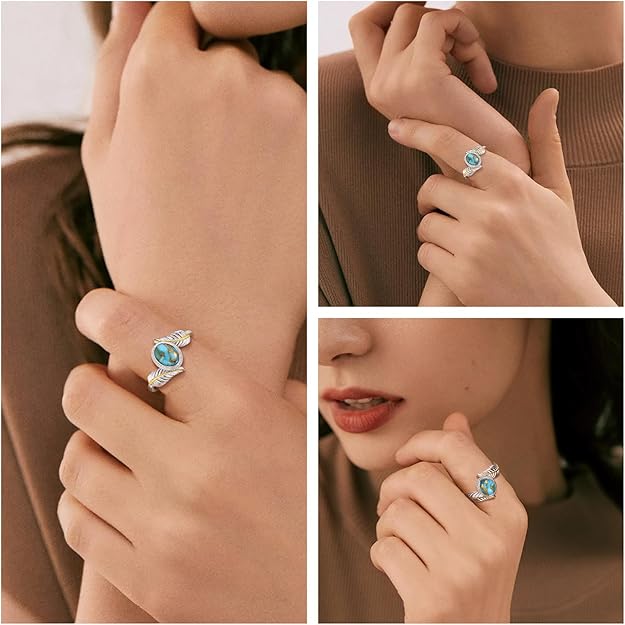 Turquoise Feather Ring 925 Sterling Silver Statement Ring Leaf Stacking Feather Ring Vintage Turquoise Ring for Women Teal Turquoise Jewelry Gifts Size 9