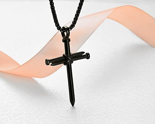 Men's Stainless Steel Nail Cross Pendant Necklace With 24 Inch Chain Polished Black Gold Silver