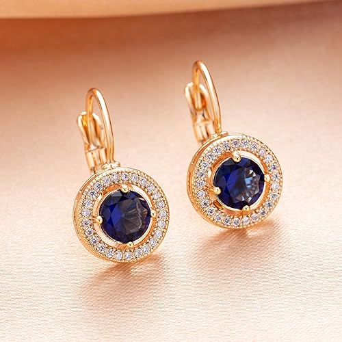 Austrian Crystal Halo Round Drop Leverback Earrings for Women 14K Rose Gold Plated