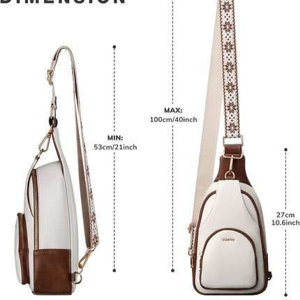 Small Sling Bag for Women PU Leather Trendy Crossbody Chest Bag Fanny Pack, White and Brown
