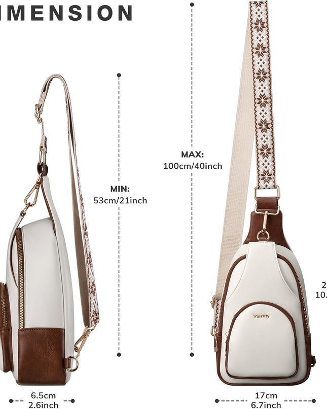 Small Sling Bag for Women PU Leather Trendy Crossbody Chest Bag Fanny Pack, White and Brown