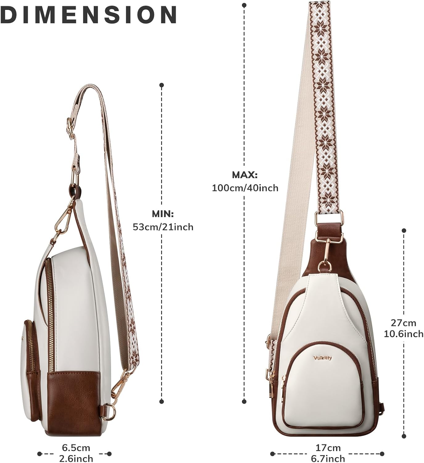 Small Sling Bag for Women PU Leather Trendy Crossbody Chest Bag Fanny Pack, White and Brown