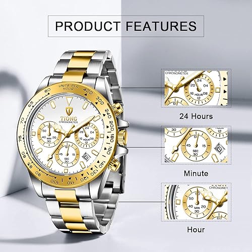 Dentily Men's Quartz Watch Fashion Stainless Steel Chronograph Waterproof Business Watches for Men