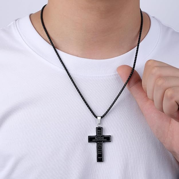 Saintda American Flag Cross Pendant Stainless Steel Box Chain Necklace USA Patriotic Baptism Religious Beliefs Bible Verse Jewelry Men Teen Boys Gifts
