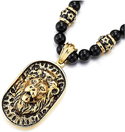 COOLSTEELANDBEYOND Gothic Style Men's Beads Necklace with Stainless Steel Lion Head Shield Pendant