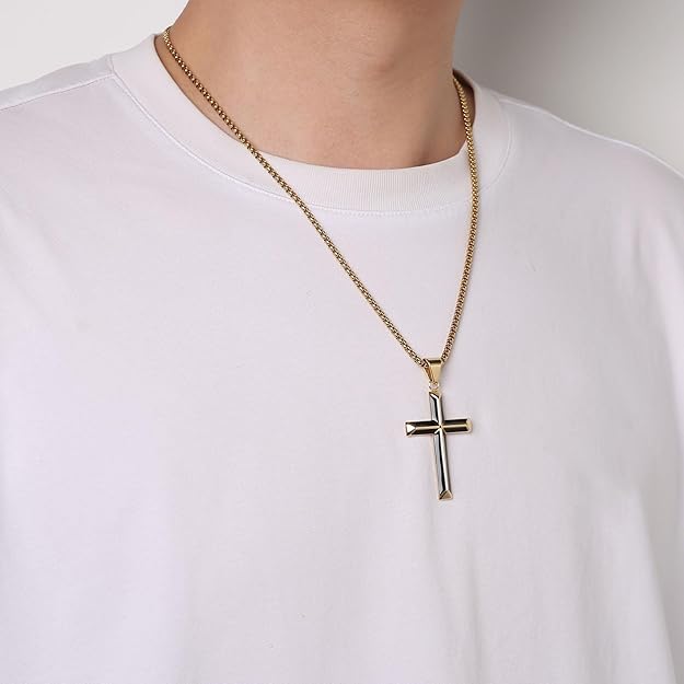 HZMAN Cross Necklace for Men Stainless Steel High Polished Cross Necklace Pendant Christian Jewelry Gift with 24Inch Chain