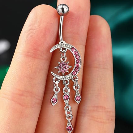COCHARM Moon Dangle Belly Button Rings for Women 14g Belly Rings Dangling Cute Nave Rings Boho Belly Navel Piercing Jewelry