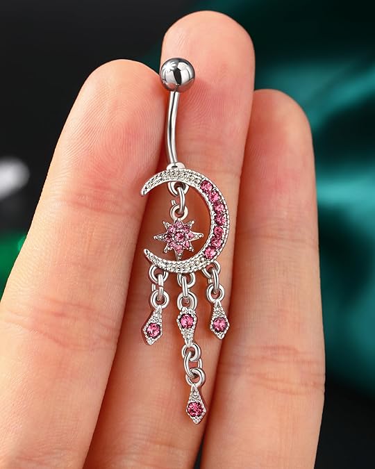 COCHARM Moon Dangle Belly Button Rings for Women 14g Belly Rings Dangling Cute Nave Rings Boho Belly Navel Piercing Jewelry