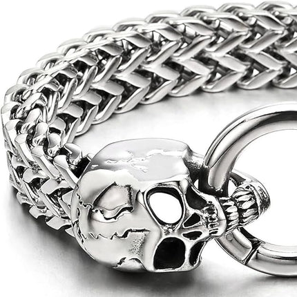 COOLSTEELANDBEYOND Gothic Men's Stainless Steel Skull Franco Link Curb Chain Bracelet with Spring Ring Clasp