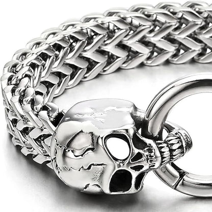 COOLSTEELANDBEYOND Gothic Men's Stainless Steel Skull Franco Link Curb Chain Bracelet with Spring Ring Clasp