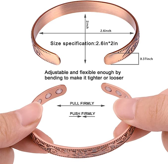 Pure Copper Magnetic Bracelet Arthritis Pain Therapy Energy Cuff Flower