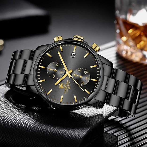 GOLDEN HOUR Fashion Business Mens Watches with Stainless Steel Waterproof Chronograph Quartz Watch for Men, Auto Date