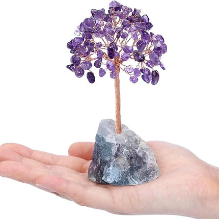 CrystalTears Amethyst Crystal Tree Natural Healing Crystals Gemstone Money Trees with Fluorite Crystals Stone Base Feng Shui
