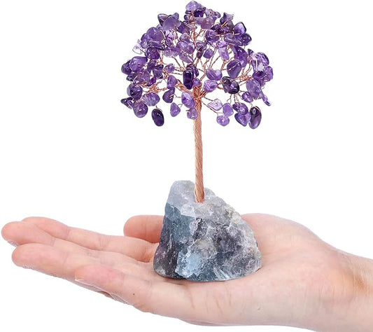 CrystalTears Amethyst Crystal Tree Natural Healing Crystals Gemstone Money Trees with Fluorite Crystals Stone Base Feng Shui