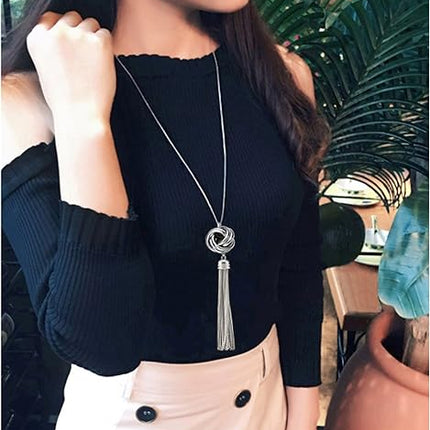 Long Tassel Necklace Silver Tone Lovely Knot Tassel Pendant Knot Snake Chain for Women