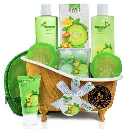 Christmas Gifts, Home Spa Bath Basket Gift Set - Aromatherapy Kit for Men & Women - Natural Cucumber with Organic Melon - 12 Piece Skin Care Set Includes 2 Organic Melon Soaps, Body Lotion & More