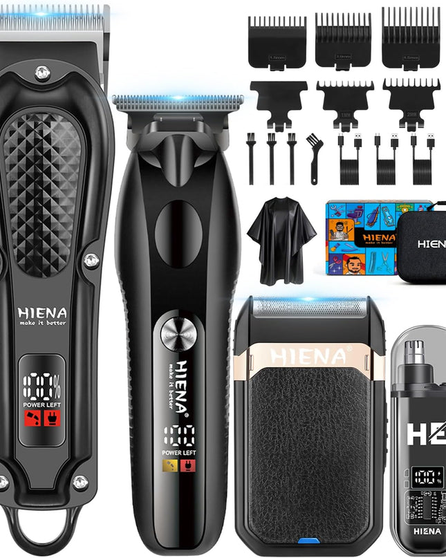 HIENA PRO Hair Clippers for Men Professional, Cordless Barber Clipper & T-Blade Beard/Hair Trimmer Set, Electric Razor Foil Shaver Nose Trimmer Barber Kit, Men's Hair Cutting Kit