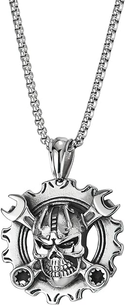 COOLSTEELANDBEYOND Mens Steel Vintage Mechanic Wrench Gear Wheel Skull Pendant Necklace 30 in Wheat Chain Biker Gothic