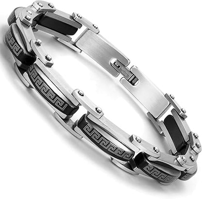 Urban Jewelry Industrial Greek Pattern 316L Stainless Steel Link Cuff Bracelet for Men (Black, Silver)