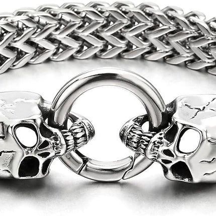 COOLSTEELANDBEYOND Gothic Men's Stainless Steel Skull Franco Link Curb Chain Bracelet with Spring Ring Clasp