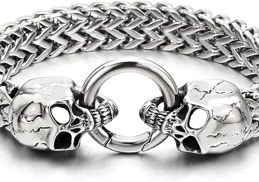 COOLSTEELANDBEYOND Gothic Men's Stainless Steel Skull Franco Link Curb Chain Bracelet with Spring Ring Clasp