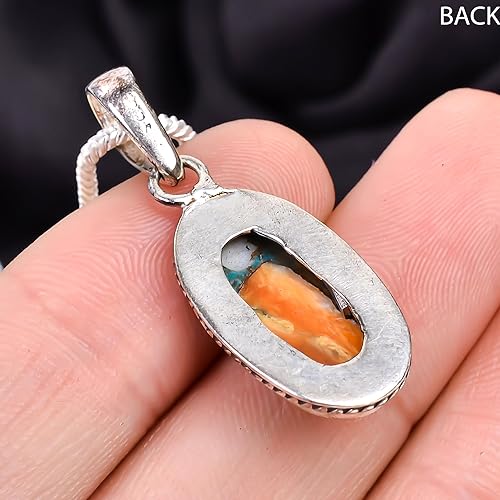 925 Sterling Silver Bohemian Pendant Necklace for Women with Oval Orange Blue Turquoise Gemstone