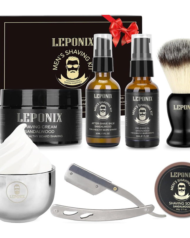 Mens Shaving Kit, Include Straight Razor, Sandalwood Shaving Soap & Cream, After Shave Balm, Pre-Shave Oil, Brush & Bowl – Christmas Gifts for Men Him Secret Santa Gift Set Stocking Stuffers