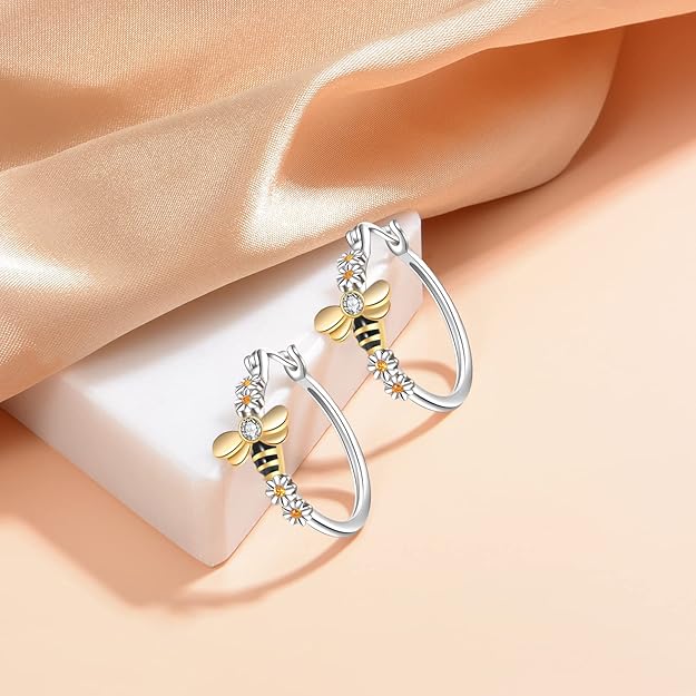 Honey Bee Earrings Daisy Bee Hoop Earrings Bee and Flower Earrings - 925 Sterling Silver Animal Daisy Earrings Jewelry For Teen Women