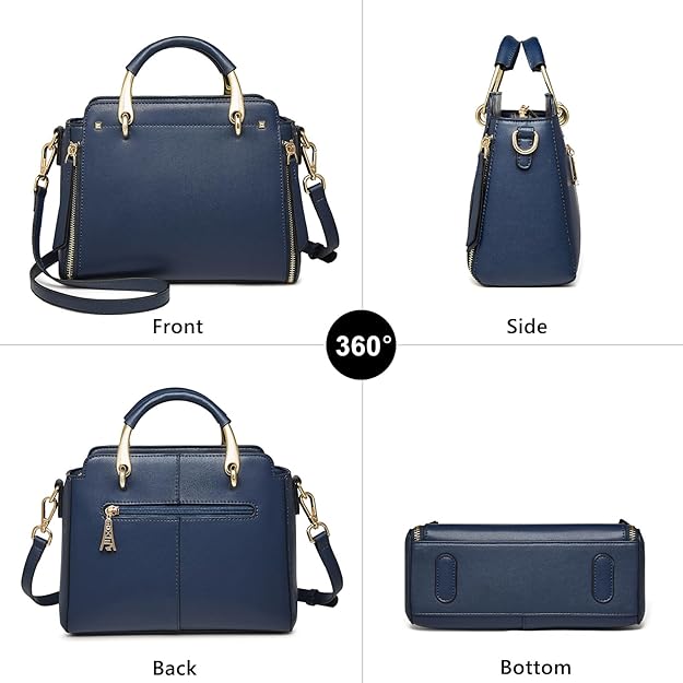 FOXER Leather Handbags for Women, Genuine Leather Ladies Top-handle Bags with Adjustable Shoulder Strap Women's Crossbody Bag Womens Real Cowhide Satchels Leather Messenger Tote Bags(Dark Blue)