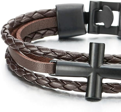 COOLSTEELANDBEYOND Black Horizontal Sideway Lateral Cross Brown Braided Leather Bangle Bracelet for Men Women Wristband