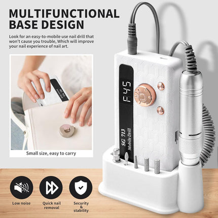 Professional Nail Drill Kit 45000RPM, Portable Electric Nail File with 13 Bits & 56pcs Sanding Bands,LED Screen,Ultra-Silent, Rechargeable Nail Drills Machine for Acrylic Nails Gel Polishing (White)