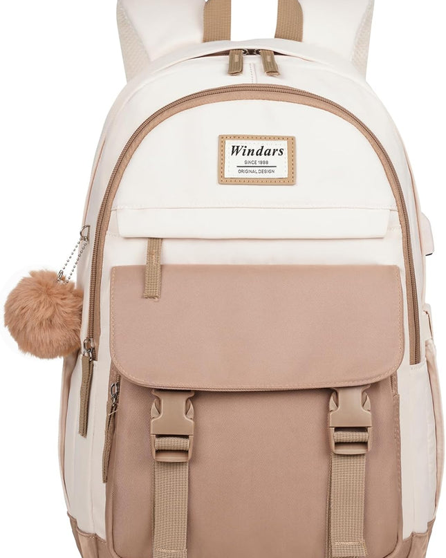 School Backpack for Teen Girls, Cute College Backpacks for Women Students Aesthetic Bookbag Large 15.6 Inch Laptop Bag Middle School Travel Back Pack (Khaki Beige)