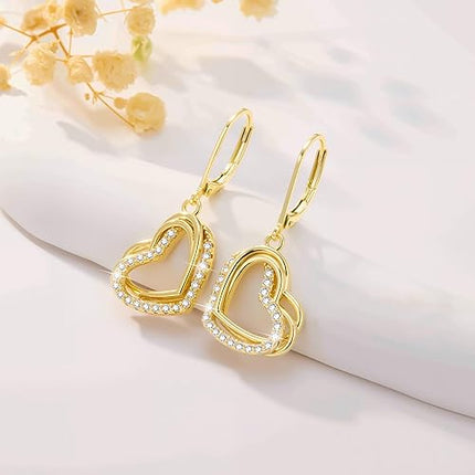 925 Sterling Silver Heart Earrings for Women, 14K Gold Plated Cubic Zirconia Dangle Earrings, Leverback Hypoallergenic Drop Earings for Women, Valentine's Day Gifts
