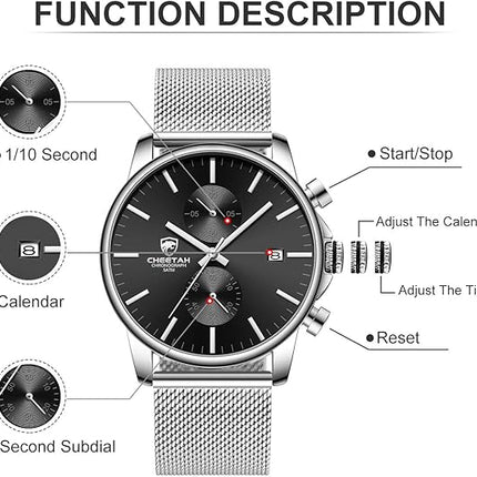 GOLDEN HOUR Mens Watch Fashion Sleek Minimalist Quartz Analog Mesh Stainless Steel Waterproof Chronograph Watches for Men with Auto Date