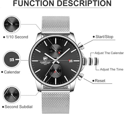 GOLDEN HOUR Mens Watch Fashion Sleek Minimalist Quartz Analog Mesh Stainless Steel Waterproof Chronograph Watches for Men with Auto Date