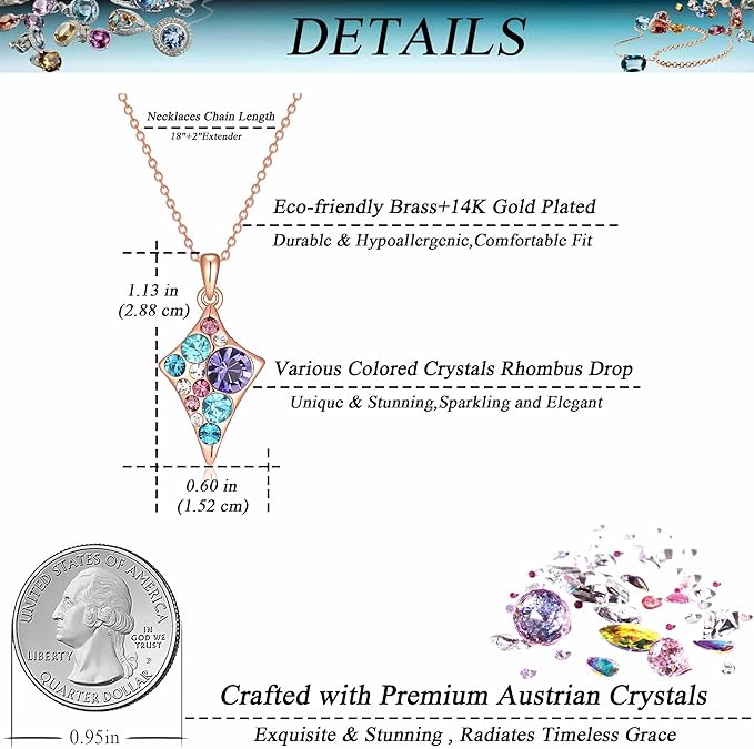 EVEVIC Dainty Multicolored Austrian Crystals Rhombus Pendant Necklaces for Women Fashion 14K Gold Plated Hypoallergenic Jewelry