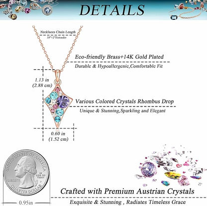 EVEVIC Dainty Multicolored Austrian Crystals Rhombus Pendant Necklaces for Women Fashion 14K Gold Plated Hypoallergenic Jewelry