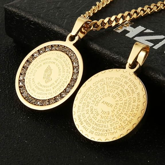HZMAN Bible Verse Prayer Necklace Christian Jewelry Gold Stainless Steel Praying Hands Coin Medal Pendant