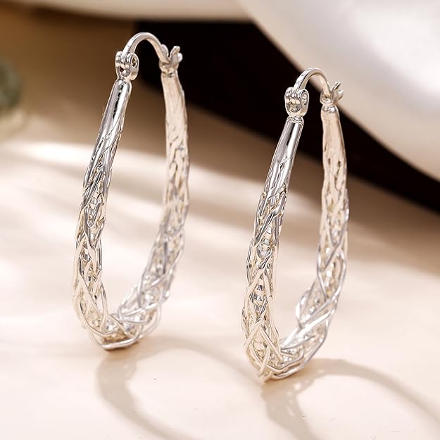 Senteria Sterling Silver Hoop Earrings for Women Silver Oval Hoop Earrings Hypoallergenic Medium Silver Hoops Earrings Lightweight Thick Twist Silver Hoop Earrings