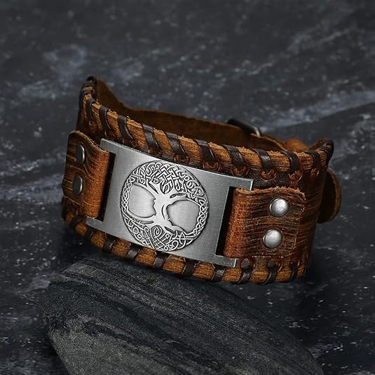 HAQUIL Viking Wiccan Egytian Black Brown Wide Leather Wristband Bracelet Ancient Medieval Jewelry Gift for Men