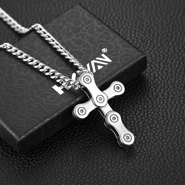 HZMAN Silver Cross Necklace for Men Hip Hop Stainless Steel Rotatable Bicycle Chain Men's Cross Pendant Necklace Jewelry Gift