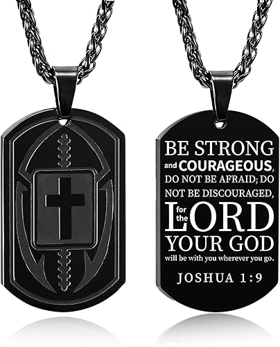 Football Bible Verse Cross Necklace for Men Stainless Steel Black Tone Cross Pendant Religious Gift Football Sports Jewelry for Men with Stainless Steel Chain 22+2 inch