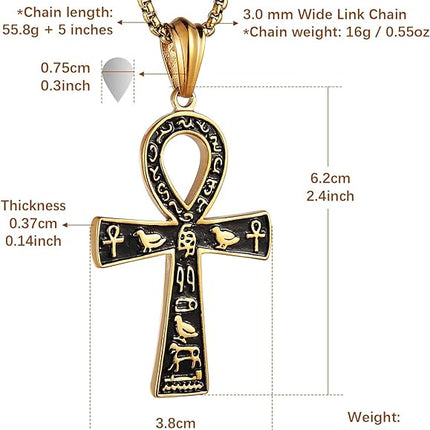 HZMAN Stainless Steel Large Ankh Cross Pendant Ancient Egyptian Hieroglyphic Symbol 22+2 Inch Chain