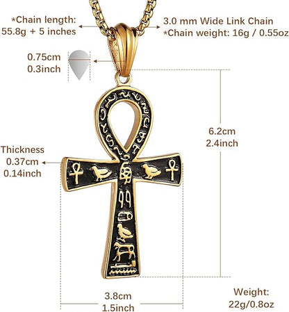 HZMAN Stainless Steel Large Ankh Cross Pendant Ancient Egyptian Hieroglyphic Symbol 22+2 Inch Chain