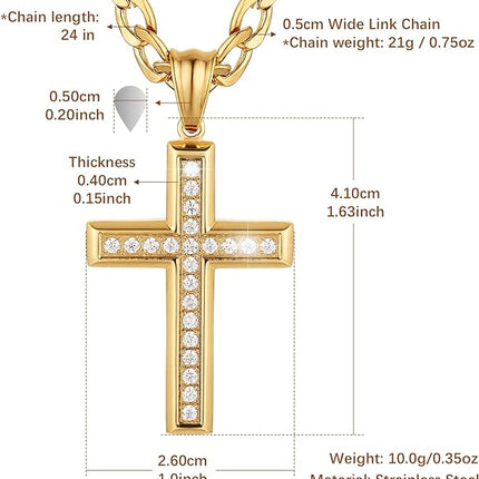 HZMAN 24K Gold-Plated Solid CZ Cross Necklace for Men Women Stainless Steel Religion Jewelry with 24 Inch Figaro Chain