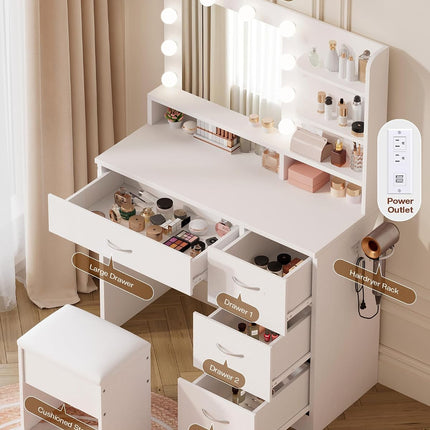 LIVELYGLOW White Makeup Vanity Desk with Charging Station & 4 Drawers