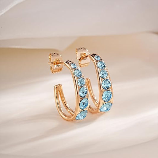 Stunning Austrian Crystal Open Half Hoop Earrings for Women 14K Gold Plated Hypoallergenic Fashion Jewelry