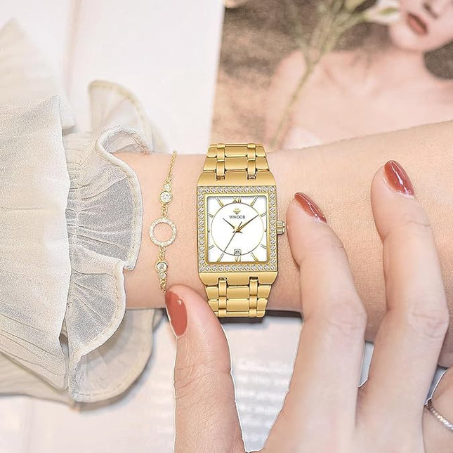 WWOOR Womens Watches Luxury Small Stainless Steel Dainty Square Watches for Women with Date Waterproof Ladies Watches Elegant Dress Quartz Women's Wrist Watches Reloj para Mujer