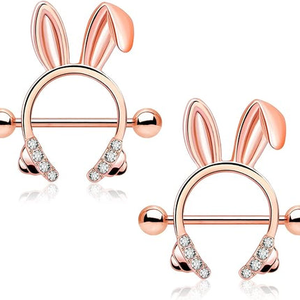 Melighting Dainty Rabbit Nipple Rings 14G Rosy Bunny Ear Clear CZ Nipple Piercing Barbell Surgical Steel 316L Nipple Piercing Jewelry for Women Girls